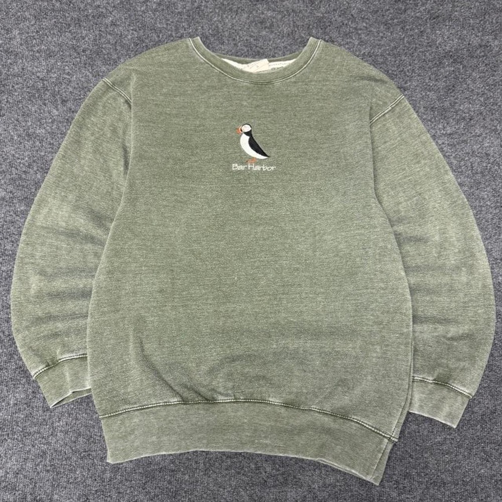Vintage Bar Harbor Maine Puffin Sweatshirt Mens Large Olive Green Y2K Crewneck